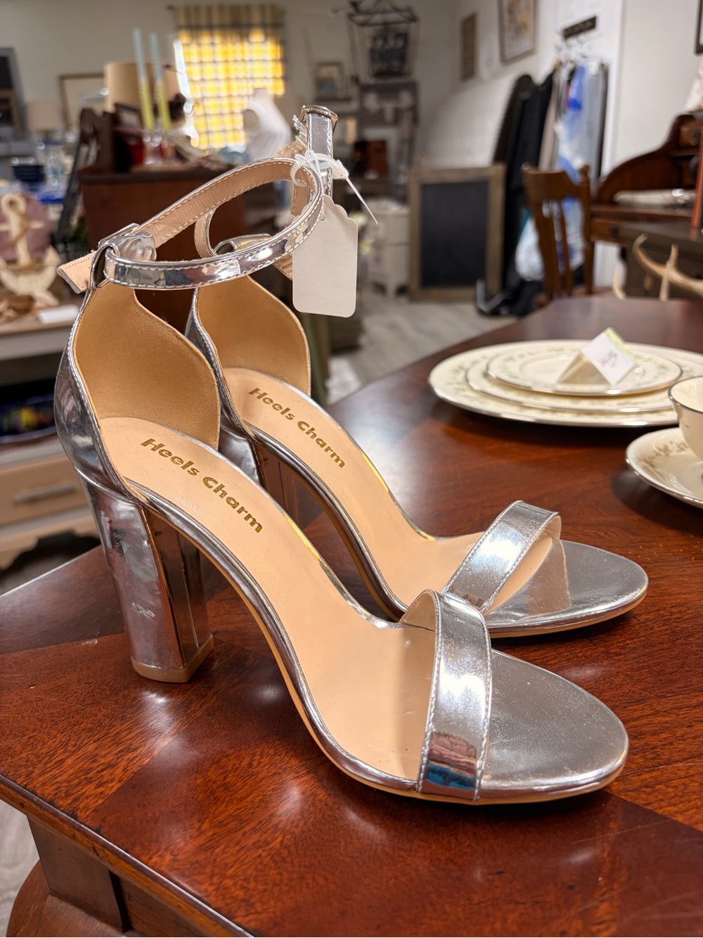Silver Metallic Ankle-Strap Block Heel Sandals